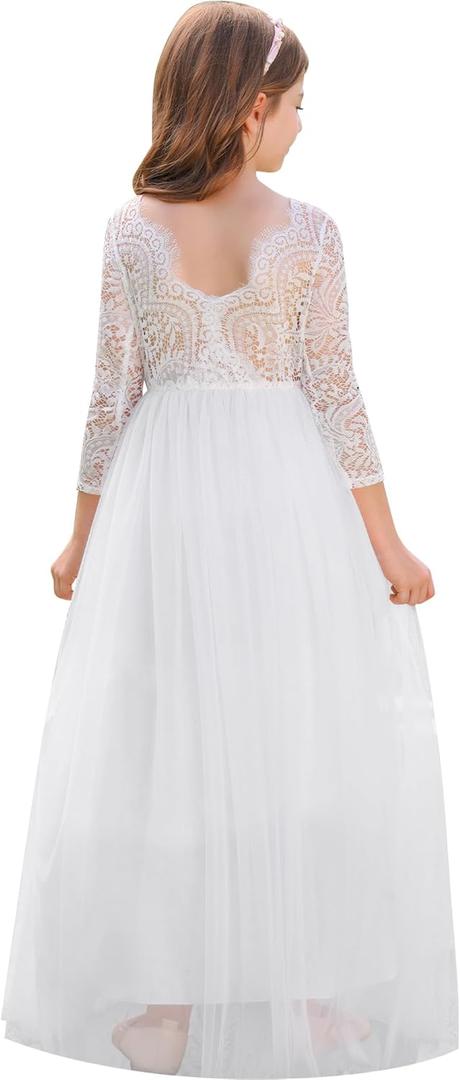 IBTOM CASTLE Flower Girl Dress Boho Sleeveless/Long Sleeve Lace Back Tulle Long Dresses Formal Birthday Pageant Ball Gown (11-12 Years, White-3/4sleeve)