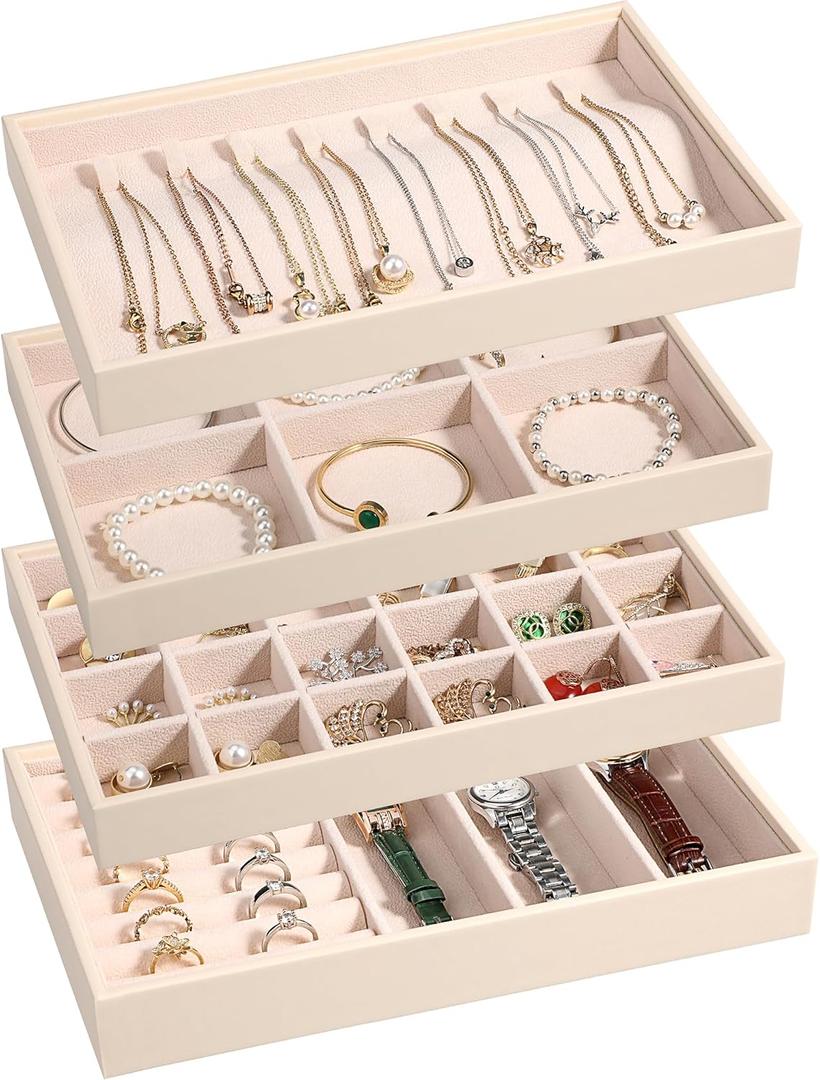 LANDICI Stackable Jewelry Organizer Trays 4 Set,PU Leather Jewelry Organizer Drawer,Jewelry Storage Display Tray for Earring Necklace Rings Bracelet with Removable Dividers,Apricot
