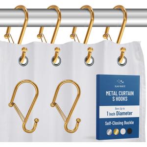 12 Decorative Metal Shower Curtain Hooks, S-Shaped Hooks with Anti-Fall System, Rust-Proof Shower Rings with Safety Buckle, Fits Rods Up to 1-Inch Diameter (S, Gold)