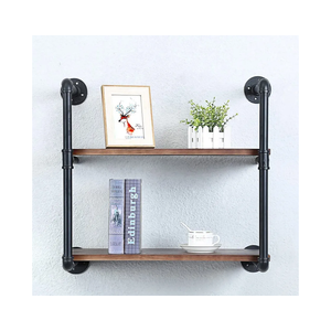 Industrial Pipe Shelving Wall Mounted,24in Rustic Metal Floating Shelves,Steampunk Real Wood Book Shelves,Wall Shelf Unit Bookshelf Hanging Wall Shelves,Farmhouse Kitchen Bar Shelving(2 Tier)