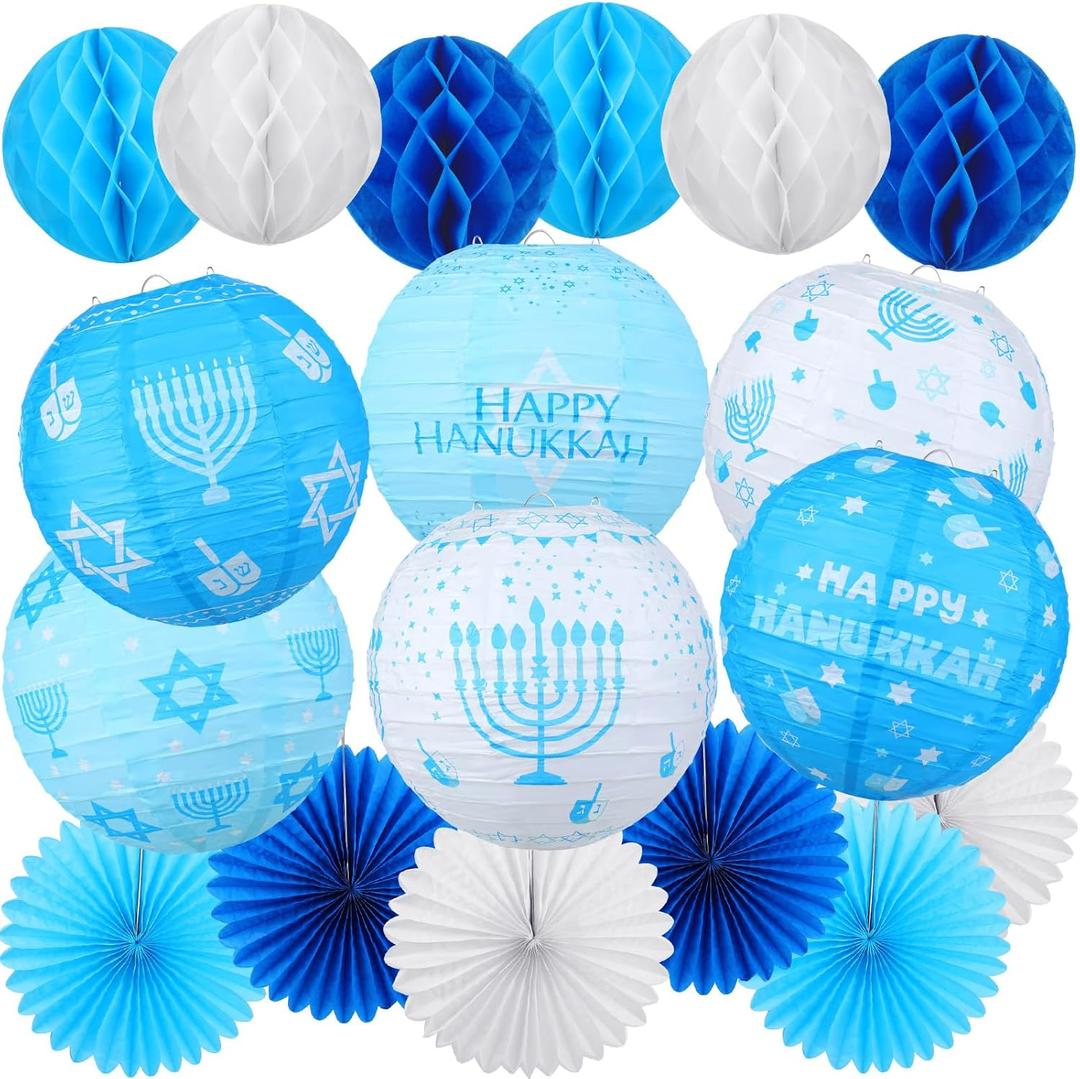 Retisee 18 Pcs Hanukkah Party Decoration Happy Hanukkah Paper Lanterns with Candlestick Dreidel Blue White Hanging Paper Fans Honeycomb Balls Chanukah Home Ornament for Jewish Party Decor