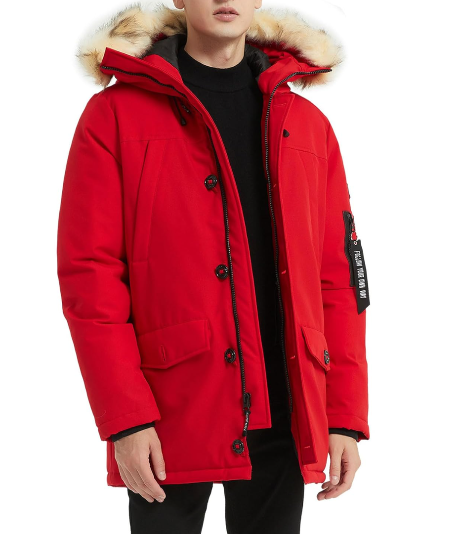 PUREMSX Winter Jackets for Men, Insulated Thick Warm Padded Puffer Coat with Fur Hood XXL