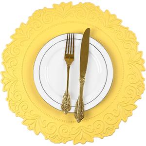 Noctiflorous Round Faux Leather 15 Inch Placemats Set of 6 Waterproof Wipeable Heat Resistant Tablemat for Dining Table Kitchen Non Slip Washable Oilproof Table Place Mat(Mango Yellow, 6)