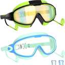 Swim Goggles for Kids 3-15 with Earplugs Large Frame Anti-Fog/UV Swimming Goggles for Boys Girls Toddler 2PCS (Green and Black &Blue)
