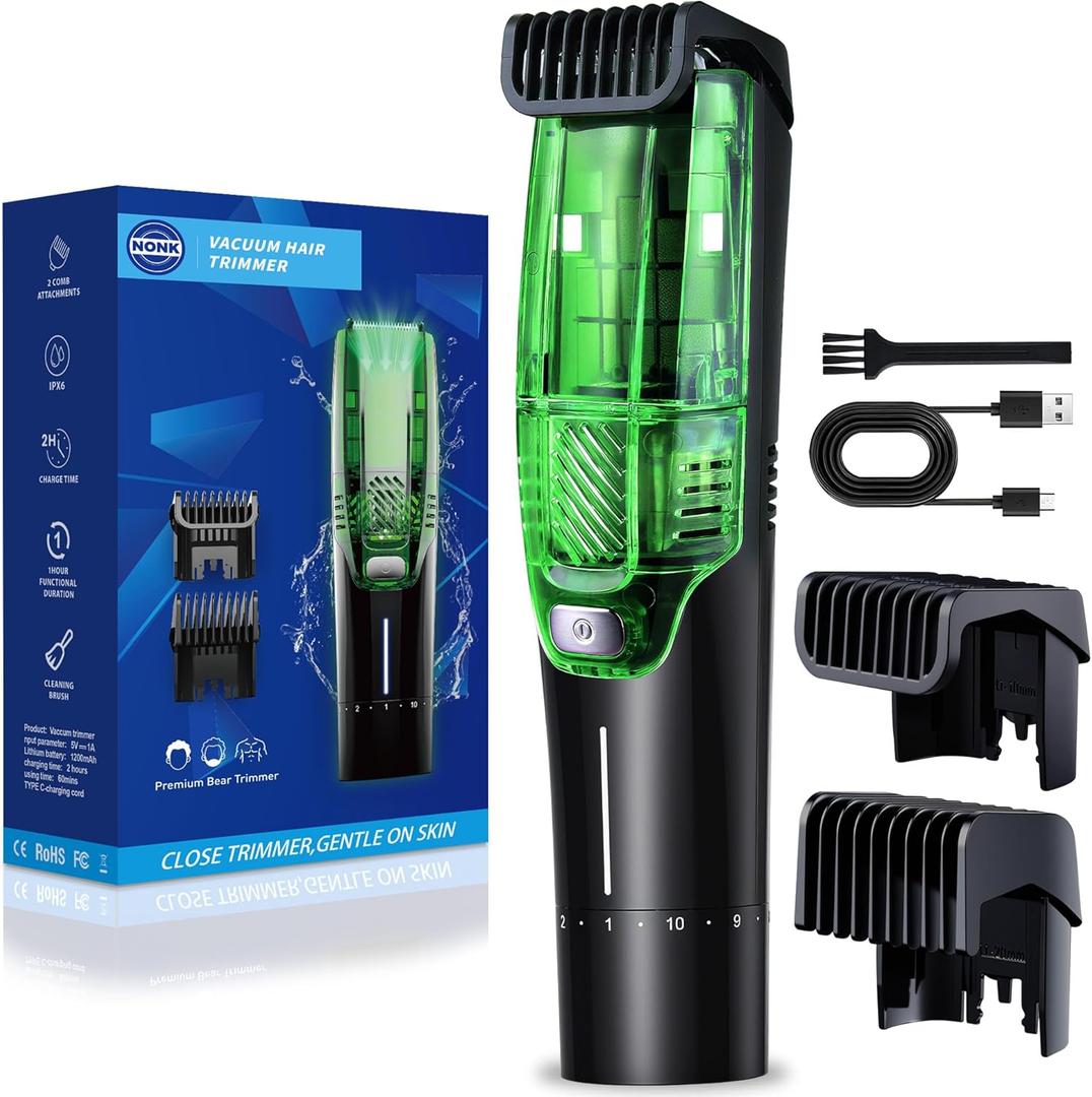 NONK Vacuum Beard Trimmer for Men Two-Speed Adjustable Suction & Power, IPX6 Waterproof Wet/Dry Cordless Hair Clipper, Rechargeable USB Fast Charge, Magnetic Easy-Clean Bin&Travel Lock