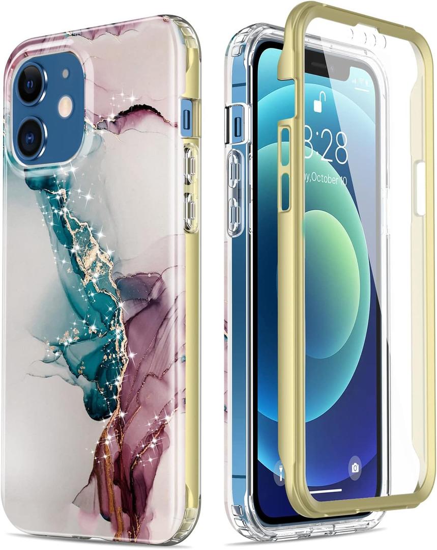 Esdot Compatible with iPhone 12 Case,iPhone 12 Pro Case with Built-in Screen Protector,with Fashionable Designs for Women Girls,Protective Phone Case for iPhone 12/12 Pro 6.1" Turquoise Pink Marble
