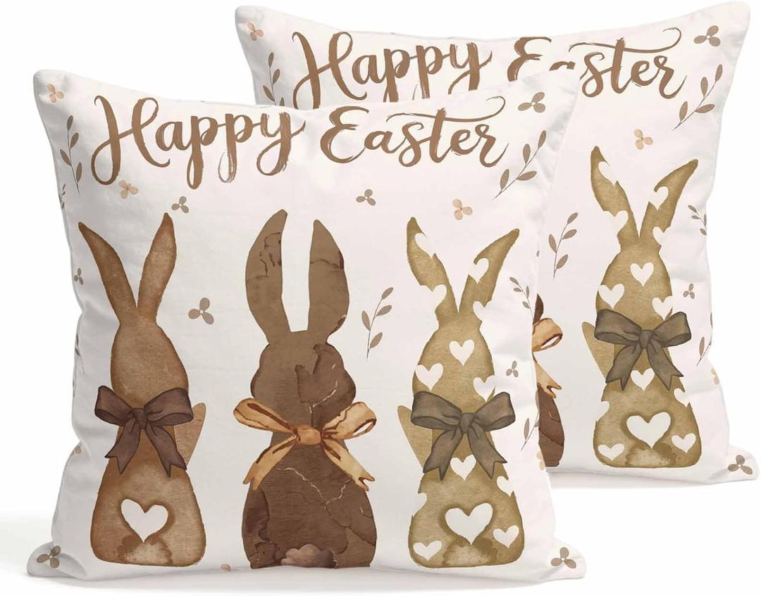 Easter Decorative Throw Pillow Covers 18x18 Set of 2 Bunny Spring Square Pillow Covers for Couch Happy Easter Rabbit Leaves Cushion Cases for Living Room Bedroom Bed Car Chair