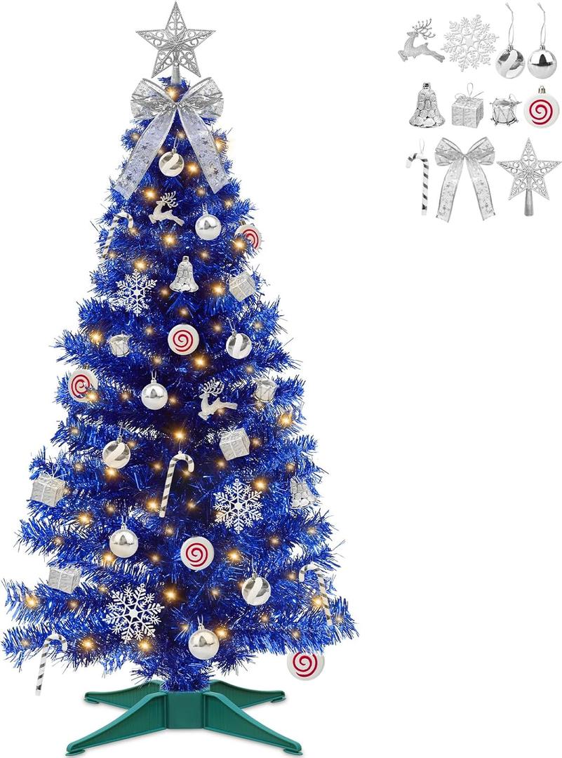 4 Ft Artificial Mini Blue Christmas Tree with 100 Warm White Light 68 Ornaments 3D Star Christmas Ball Bow Snowflake Gift Box Deer Timer Battery Operated Xmas Tree Hanukkah Decorations for Home Party
