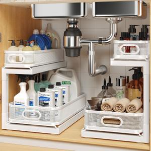 2-Pack Under Sink Storage Organizer with 2-Tier Slide Out Drawer, Sophisticated Mesh Pull Out Shelf for Kitchen & Bathroom, Fits Small Items, Upgraded Arched Track for Smooth Gliding(Patented) (White)