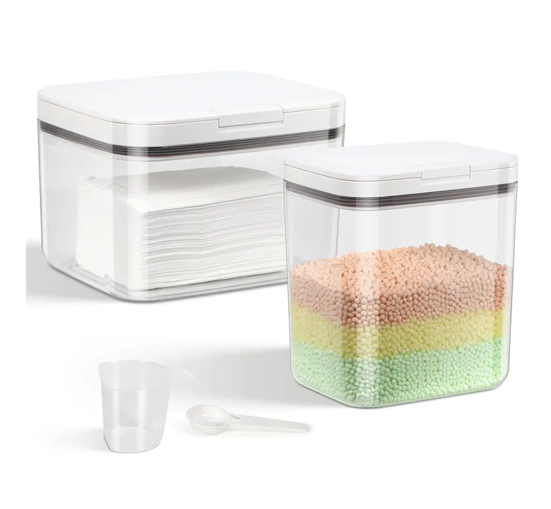 2 Pack Laundry Pods Container with One-Click Pop-up Lid, 95 oz + 68 oz Laundry Room Detergent Storage Container for Laundry Powder, Scent Booster, Dryer Sheet, Dryer Ball, Dishwasher Pod Holder