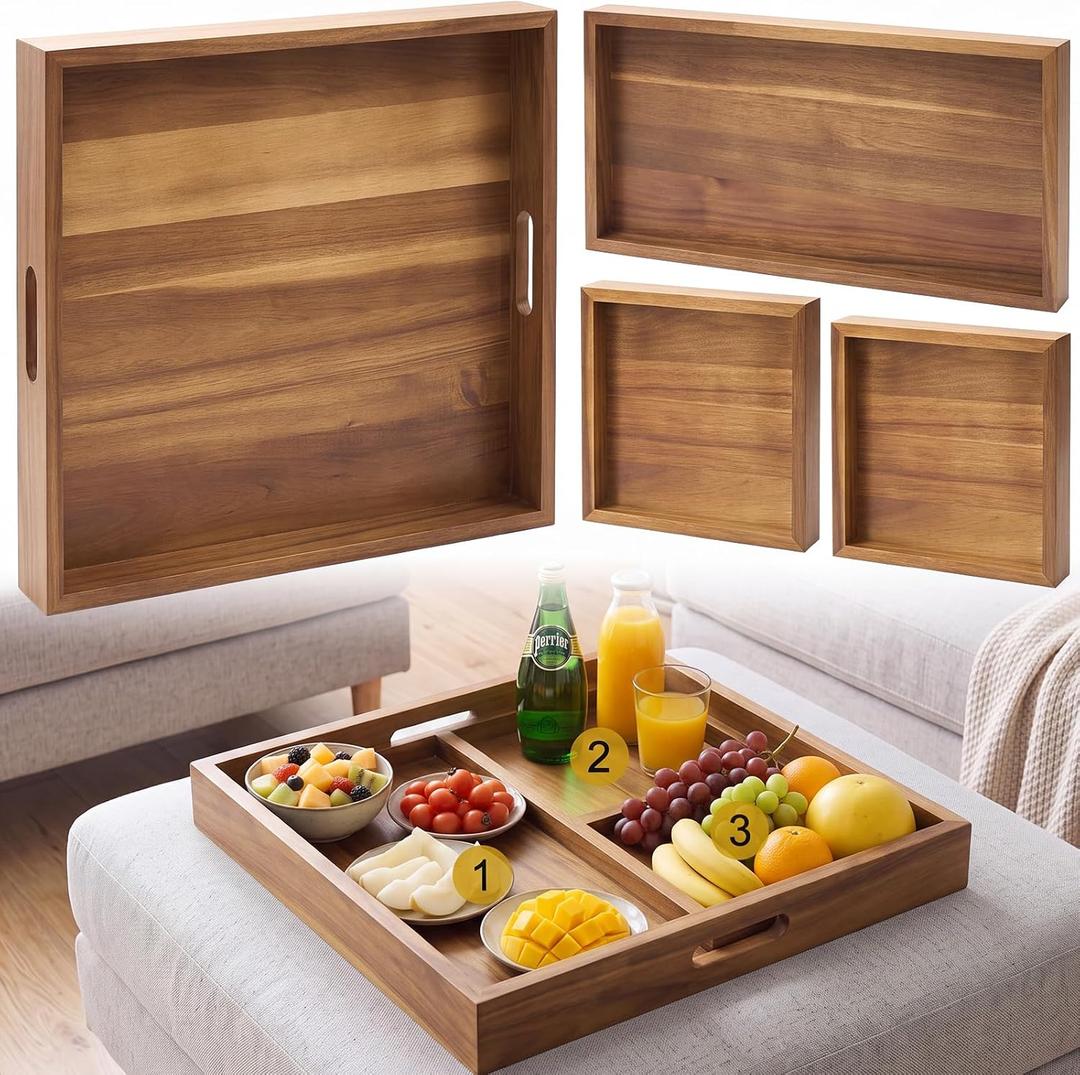 Sintuff 20 Inch Large Square Ottoman Tray, Acacia Wood, 4 Trays in 1