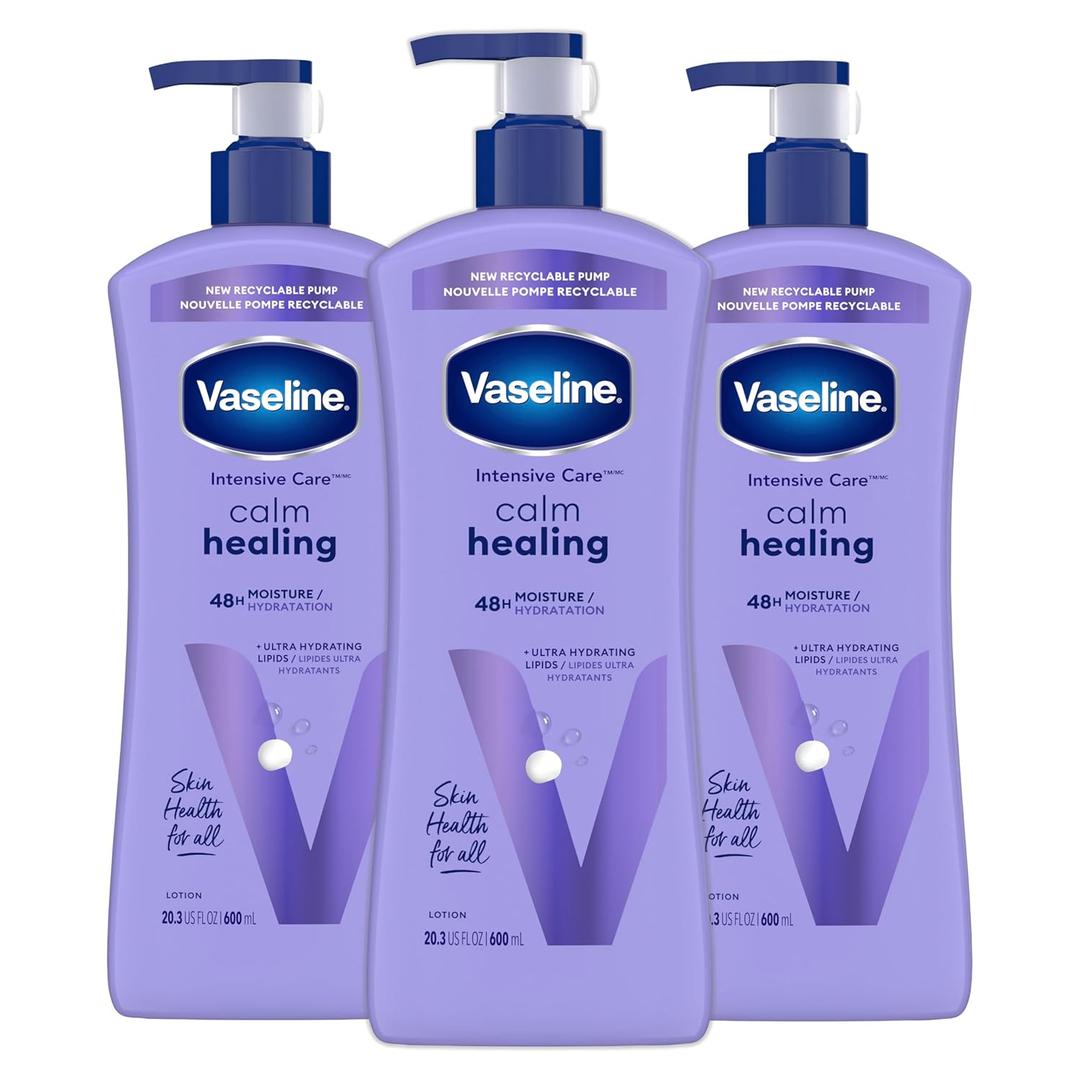 Vaseline Intensive Care Calm Healing Body Lotion 3 count for Dry Skin Made with Ultra-Hydrating Lipids and Lavender Extract to Heal and Restore Dry Skin 20.3 oz