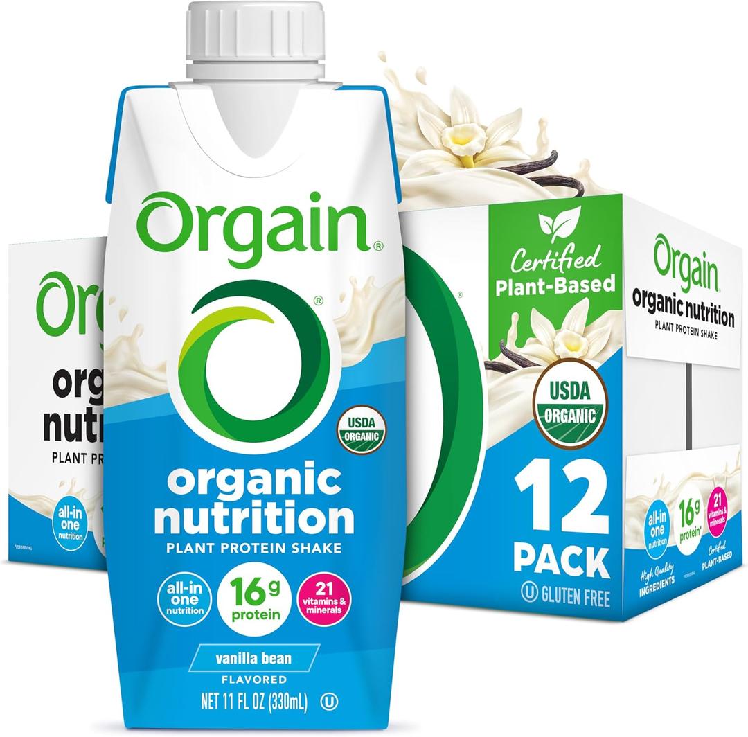 Orgain Organic Nutritional Vegan Protein Shake, Vanilla Bean - 16g Plant Based Protein, Meal Replacement, 21 Vitamins & Minerals, Fruits & Vegetables, Gluten Free, Non-GMO, 11 Fl Oz (Pack of 12) (EXP 08/30/26)