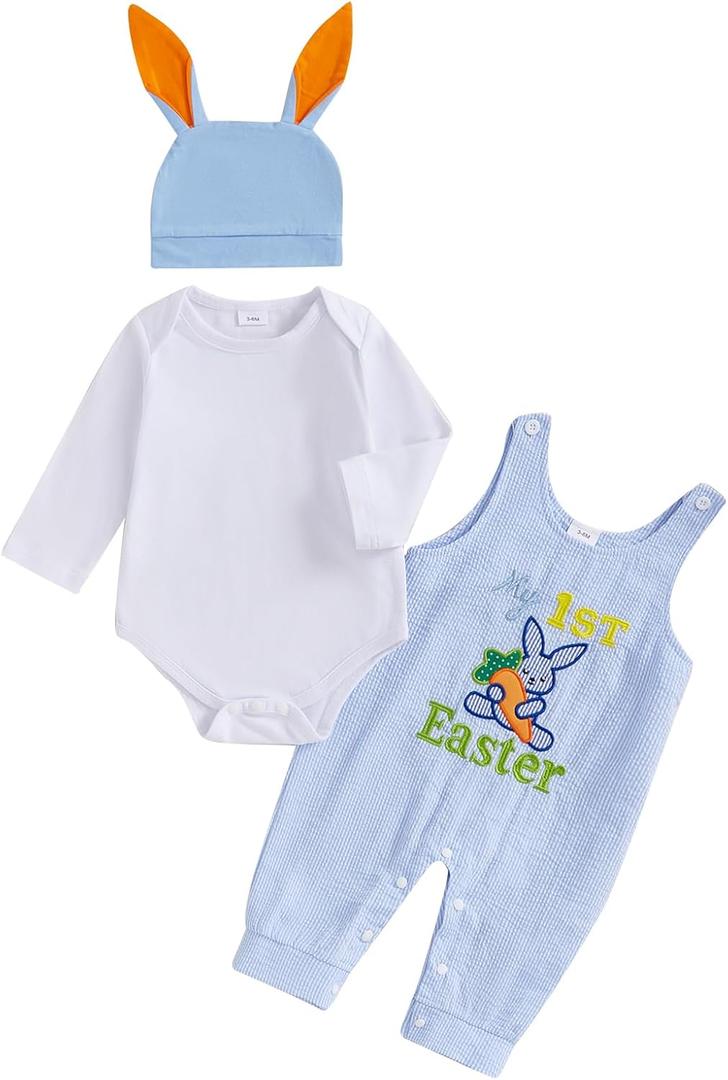 Newborn Easter Outfit Boy Long Sleeve Rompers Bunny Overalls Hat Baby Boy Summer Clothes 0 3 6 12 18 Months (Blue)