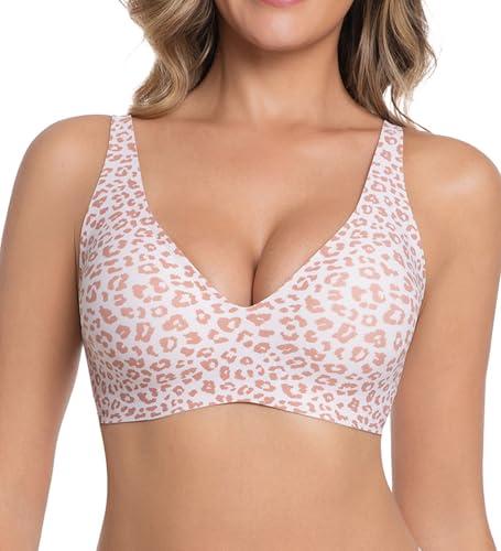Jelly Wireless Bra for Women Deep V Push Up Seamless T-Shirt Bras Comfortable Plunge No Underwire Bra with Adjustable Straps Everyday Bras Leopard Pink, M