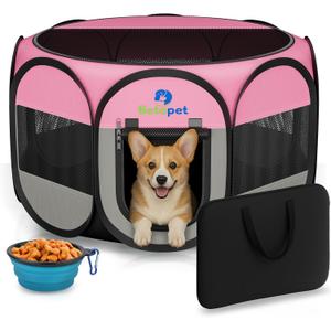 Playpen for Small Dogs Cats Crate: Puppy Play Pen Indoor Outdoor Foldable Potable Exercise Cage Pop up Kennel for Guinea Pig Rabbits Hamster Travel with Carrying Case & Food Bowl (Pink, M, 1)
