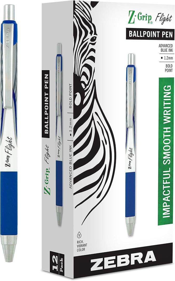 Zebra Pen Z-Grip Flight Retractable Ballpoint Pen, Bold Point 1.2mm, Blue Ink, School Supplies, Teacher Supplies, and Office Supplies, Smooth Writing, Quick-Drying, 12-Pack (21920)