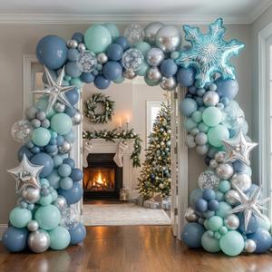 Winter Wonderland decorations with Dusty Blue Green Silver Gray Balloon arch & Foil Star balloons Artificial Snowflakes for baby its cold outside birthday Christmas new year eve party decorations
