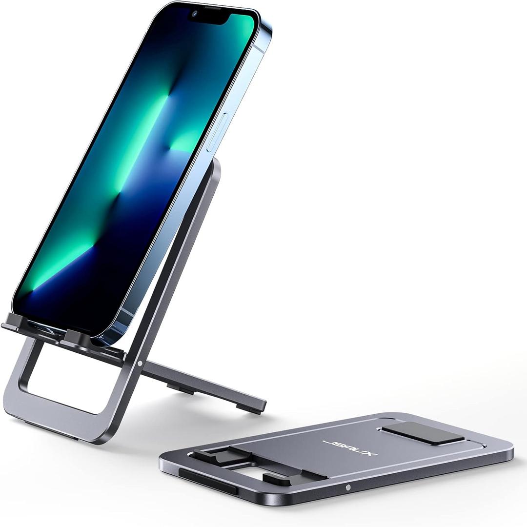 JSAUX Cell Phone Stand 2-Pack, Foldable Aluminum Adjustable Phone Holder for Desk Portable Travel Essentials Office Accessories for iPhone 17 16 15 14 13 Pro Max Samsung S25 S24 S23 Ultra Kindle-Gray