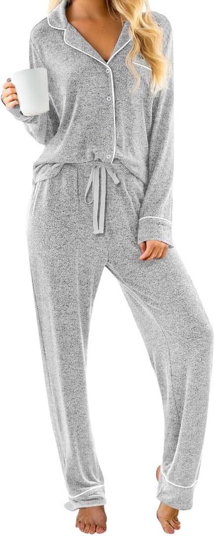 PrinStory Womens Pajama Sets Long Sleeve Pajamas Set Button Down Pjs Sets for Women 2 Piece Lounge Set (X-Small, Light Gray)
