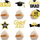 48 PCS Graduation Cupcake Toppers 2025, 6 Style Black and Gold Graduation Cake Toppers, Glitter Design Class of 2025 Toppers Grad Cupcake Picks, Disposable 2025 Graduation Decorations