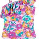 Kanu Surf Girls' Morgan Floral Ruffle 1-Shoulder 1-Piece Swimsuit (5, River Purple)