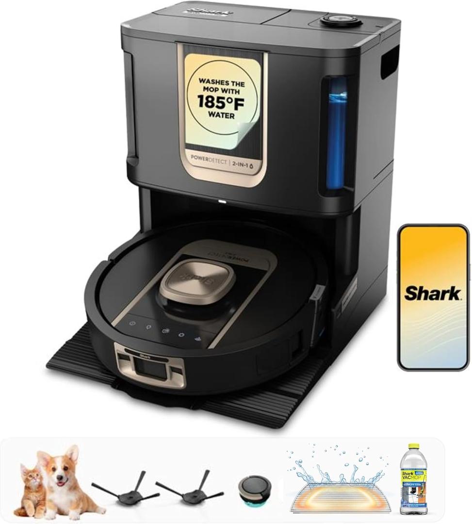 Shark Robot Vacuum & Mop Combo, PowerDetect ThermaCharged NeverTouch Pro, Self-Emptying, Self-Refill with Heated Mop Cleaning, 60-Day Capacity,30-Day Tank, 6 Power Detect Technologies, Black, RV2920XE