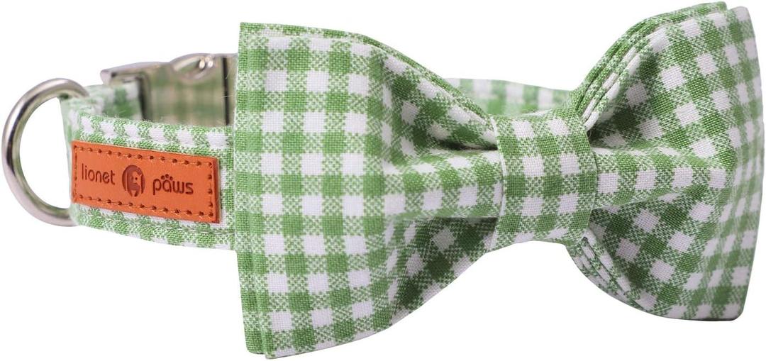 Lionet Paws Dog Collar with Bowtie, Durable Adjustable and Comfortable Collar for Small Dogs Puppies and Cats, Neck 10-16in (Green&White Grid)