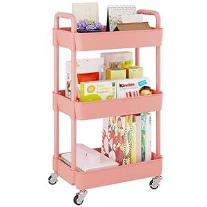 UDEAR 3-Tier Rolling Utility Cart with 12 Category Labels,Multifunctional Comagtable Rolling Shelving with Handle and Lockable Wheels for Room, Office, Kitchen, Bathroom, Pink