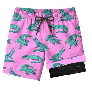 FABUVIEW Swimming Trunks with Compression Liner for Boys 7-16 Years,Crocodile Pattern Quick-Dry Swim Trunks for Kids Teens,Breathable Sun Protection Swim Shorts,Adjustable Drawstring Bathing Suit