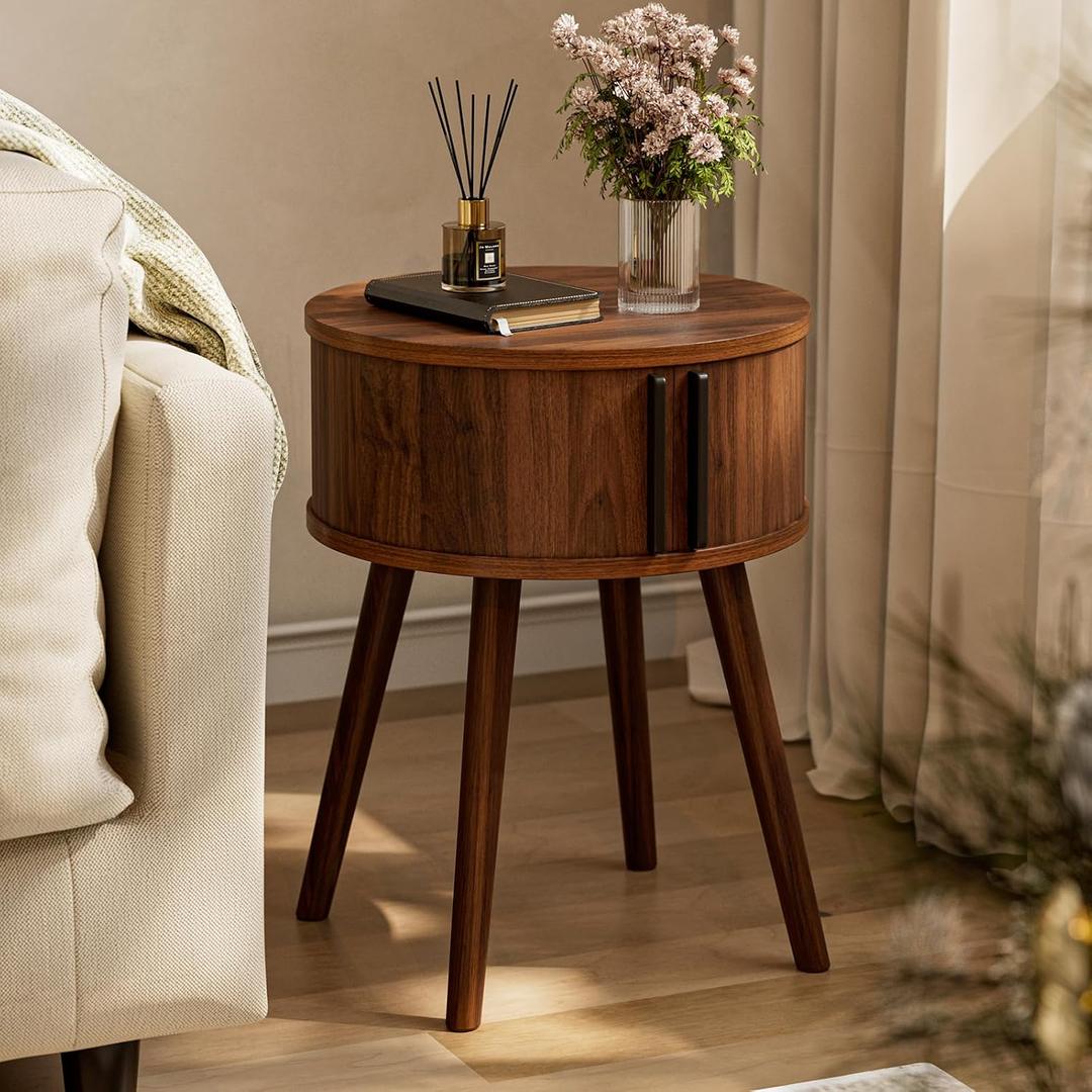 ZttRiee Side Table with Sliding Door & Cabinet, End Table for Living Room, Night Stand for Bedroom, Modern Bedside Table with Solid Wood Legs, Walnut, 15.74 inches x 15.74 inches x 20.47 inches
