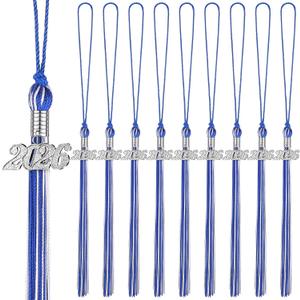 Chuangdi 10 Pieces 2026 Grad Graduation Tassels Graduation Cap Tassels with 2026 Charms Graduate Hat Decoration for School Party Favors(Blue and White, Silver)