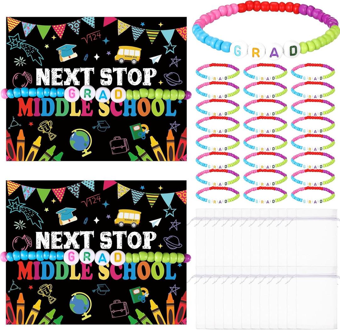 Cunno 24 Sets 5th Grade Graduation Gifts Bracelets for Students Class of 2025 Bracelet Greeting Card with Bags Letter Welcome Bracelets for Students 5th Grade Graduation Party Favors Gift