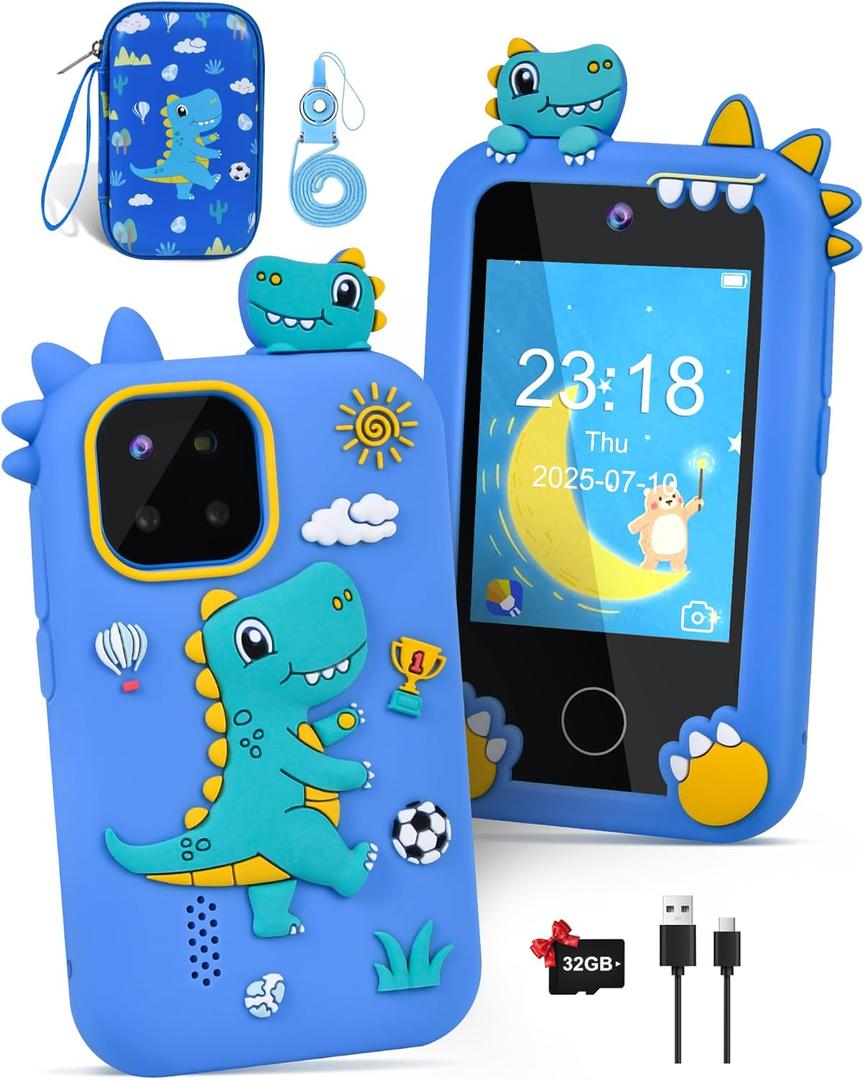 Kids Phone for Boys, Dinosaur Toy Phone Christmas Birthday Gifts for Boy Ages 3-10, Toddler Learning Phones with Touchscreen, 44 Game, Dual Camera, Music Player, 32GB Card & Dino Bag (Blue)