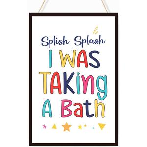 2 x Funny Kids Bathroom Wood Plaques Wall Decor,Splish Splash I was Taking a Bath Bathroom Front Door Wooden Hanging Sign for Toilet Washroom Shower Room Wall Decor 12'' L x 8'' W