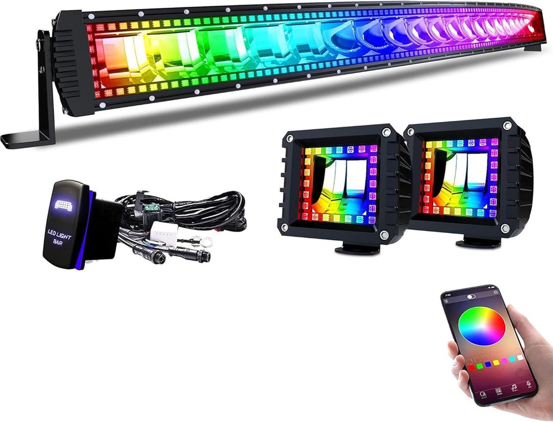 Lpteso RGBW 52Inch 300W Curved LED Light Bar with RGB Halo Ring Chasing Light, 16 Solid Colors, Over 92 Strobe Flashing Modes, IP67 Waterproof, Adjustable Mounting Bracket