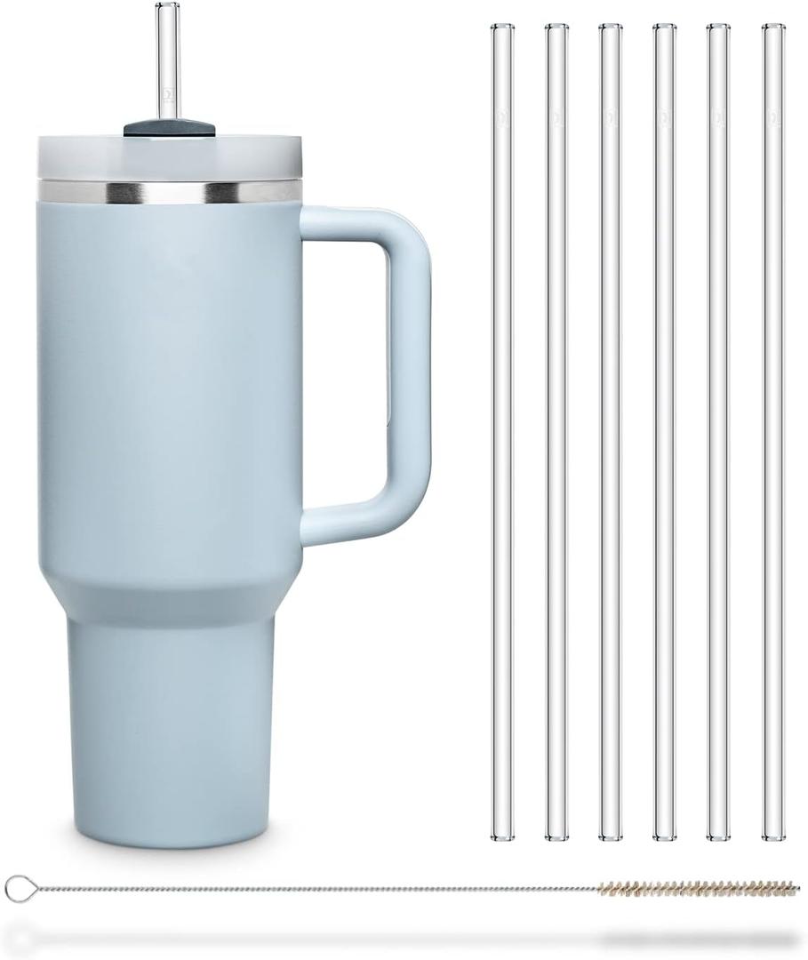 Halm Glass Straws 6x 12 inch Long Replacement Straw for Stanley Quencher Cup 40 oz & 30 oz Plastic-Free Cleaning Brush - Reusable Drinking Straw Dishwasher Safe Made in Germany (Clear)