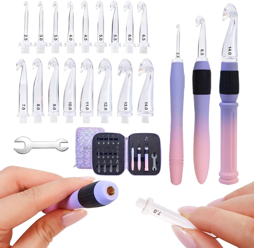 Lewhoo 17 Sizes Ergonomic Crochet Hook Set with Case 2.5mm-14.0mm, 3PCS Interchangeable Handles with Screw-Lock Connection, All in One Crochet Set for Beginner