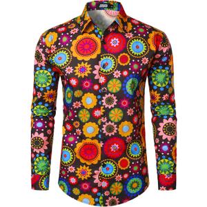 JOGAL Mens 70s Floral Dress Shirt Long Sleeve Printed Casual Button Down Shirts (Medium, Black White)