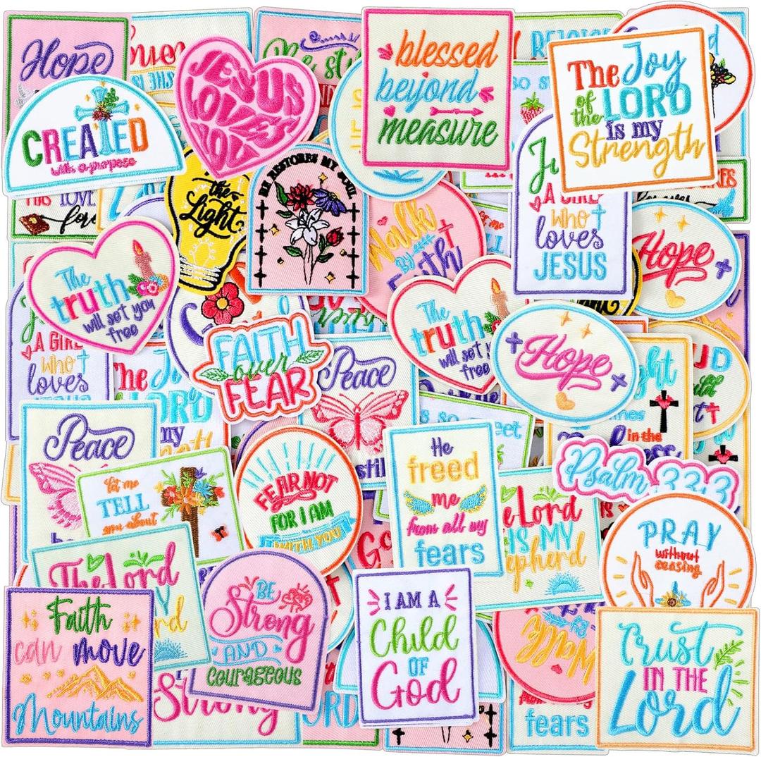 Hahafelt 72 Pcs Colorful Christian Embroidered Iron on Patches Motivational Bible Verse Religious Sew on Applique Patches for Hat Backpack Jacket Clothes DIY Accessories Decorations
