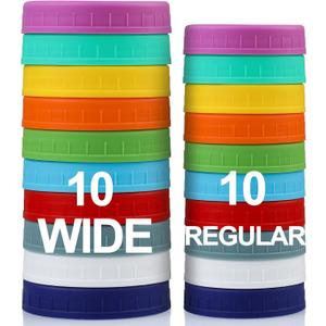 AOZITA 10 WIDE Mouth & 10 REGULAR Mouth Mason Jar Lids - 20 Pack Food Grade Plastic Mason Jar Caps for Ball, Kerr and More Canning Jars - Leakproof & Dishwasher Safe - Multicolor