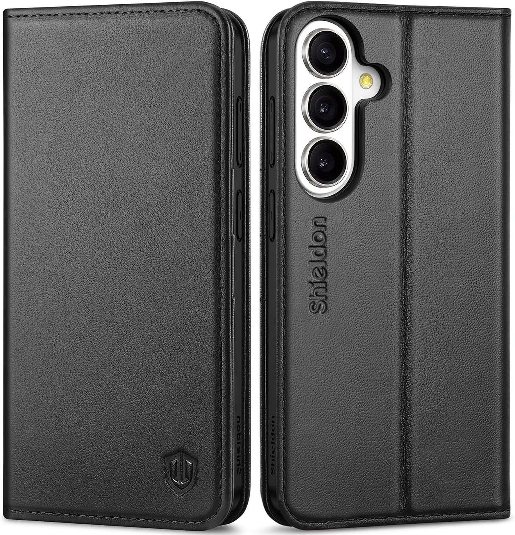 SHIELDON Wallet Case for Galaxy S26+ Plus 6.7", Genuine Leather Folio Magnetic Closure, Kickstand, RFID Blocking Card Holder, Full Protective Phone Cover Compatible with Galaxy S26+ 2026 - Black