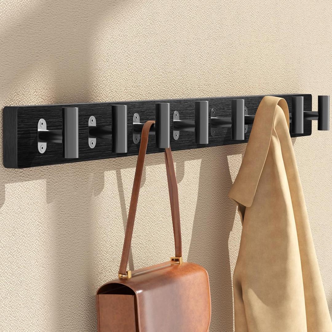 2 Pack Coat Rack Wall Mount, Black Coat Hooks Wall Mounted with 8 Metal Heavy Duty T Shaped Hooks, Pine Soild Wood Large Coat Hanger for Entryway, Living Room, Bathroom (32.3")
