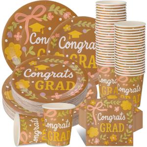 FoldTier 200 Pcs Boho Graduation Party Supplies Floral Graduation Plates and Napkins Cups Congrats Grad Party Decorations Farmhouse Class of 2026 Disposable Paper Tableware Set 7 Inch 9 Inch