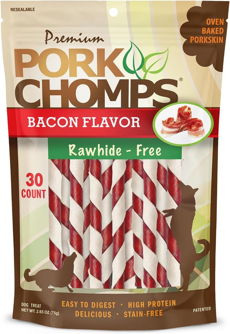Pork Chomps Baked Pork Skin Dog Chews, 5 Inch Mini Twists, 30 Count - Bacon Flavor Wrap - Long-Lasting Treats for Dogs - High Protein, Rawhide-Free, Low Fat, Healthy & Delicious Chews, Best By 12/18/2027