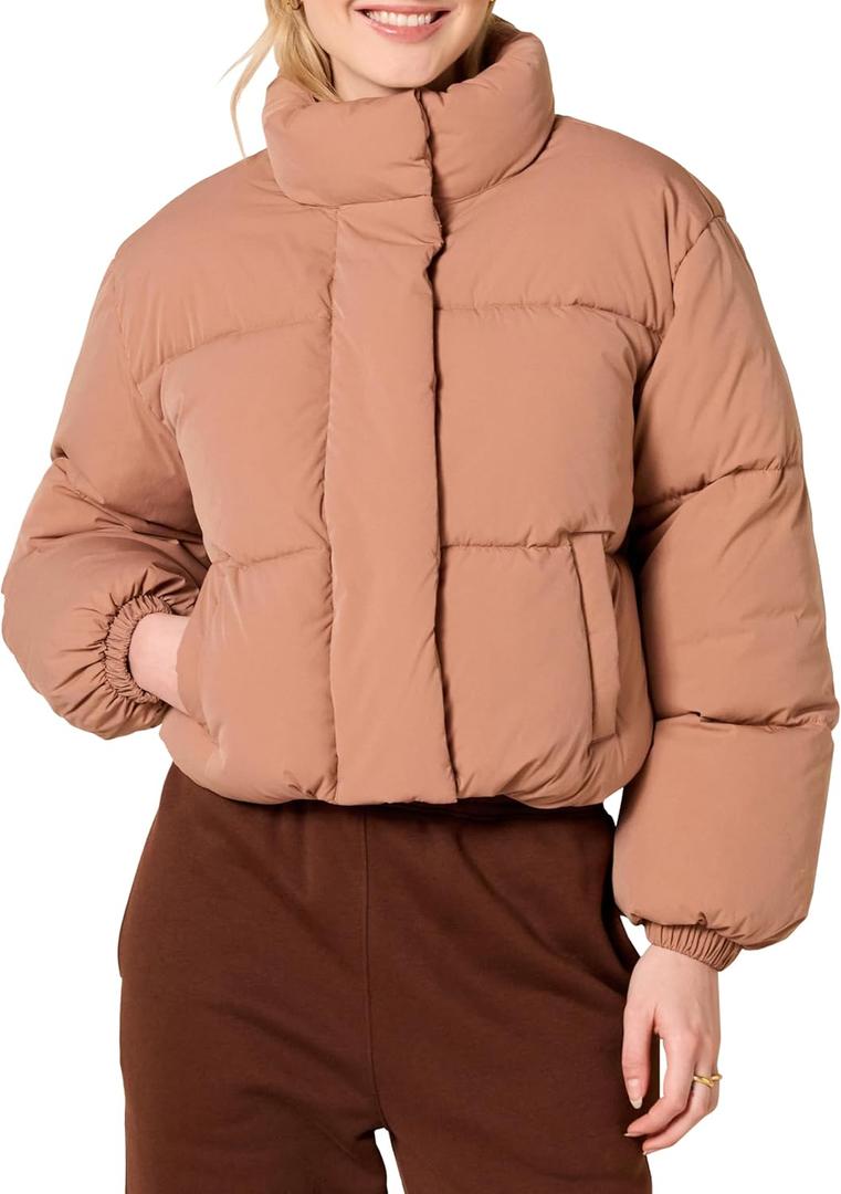 Amazon Essentials Women's Cropped Full-Zip Puffer Jacket (Quilted Matte or Sherpa Fleece) (Large, Light Brown)