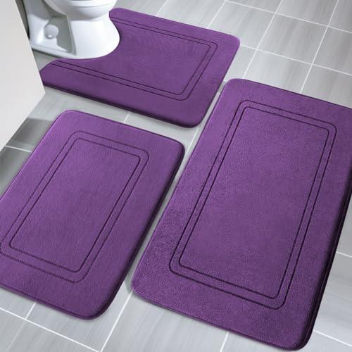YIHOUSE Memory Foam Bath Mat Set, Bathroom Rugs Sets 3 Pieces, Non Slip Bath Mats for Bathroom, Super Soft and Water Absorbent Bath Rug Set, Machine Washable U Shape Toilet Rug,Purple