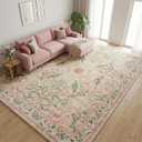 0.26" Low Pile Washable Area Rug 8'x10' - Water Resistant Faux Wool Carpet for Living Room Bedroom - Foldable Lightweight Bohemian Rug for Kids & Pets - Silicone Non-Slip Garden Pink Decor
