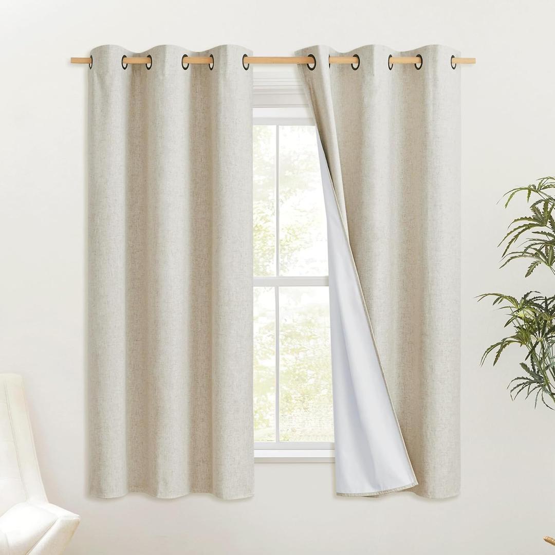 NICETOWN Natural Kitchen 100% Blackout Narrow Curtains 48 inches Long 2 Panels Set, 34" Wide, Rustic Grommet Thermal Insulated Full Blackout Window Draperies with White Liners for Cupboard