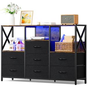 Black Dresser for Bedroom, 65 inch TV Stand with Charging Station & LED Lights, 7 Fabric Drawers with Solid Wood Top for Living Room, Closet